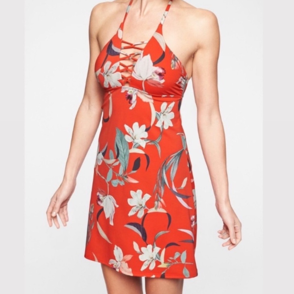 Athleta Red Floral Lace-Up One-Piece Swim Dress